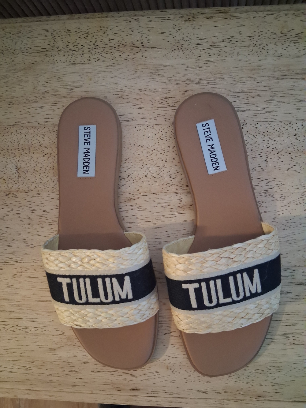 Steve Madden Tulum Braided Straw Slide Sandals in Natural/Black